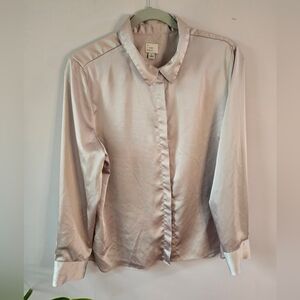 ​A New Day Champagne Satin Long Sleeve Button Down Blouse - Size Large